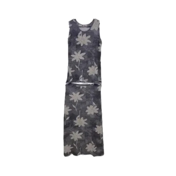 Green And Cream Sleeveless Shirt With Midi Dress With Tropical Print Set